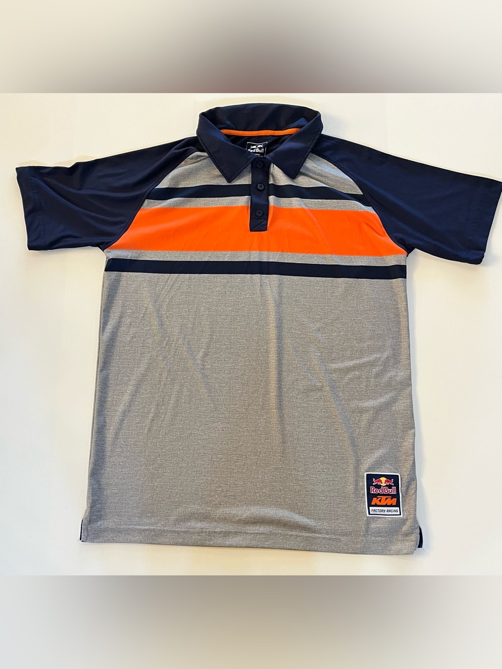 Men's Red Bull KTM Grey Navy Orange Performance Polo Chest Stripe, size Large